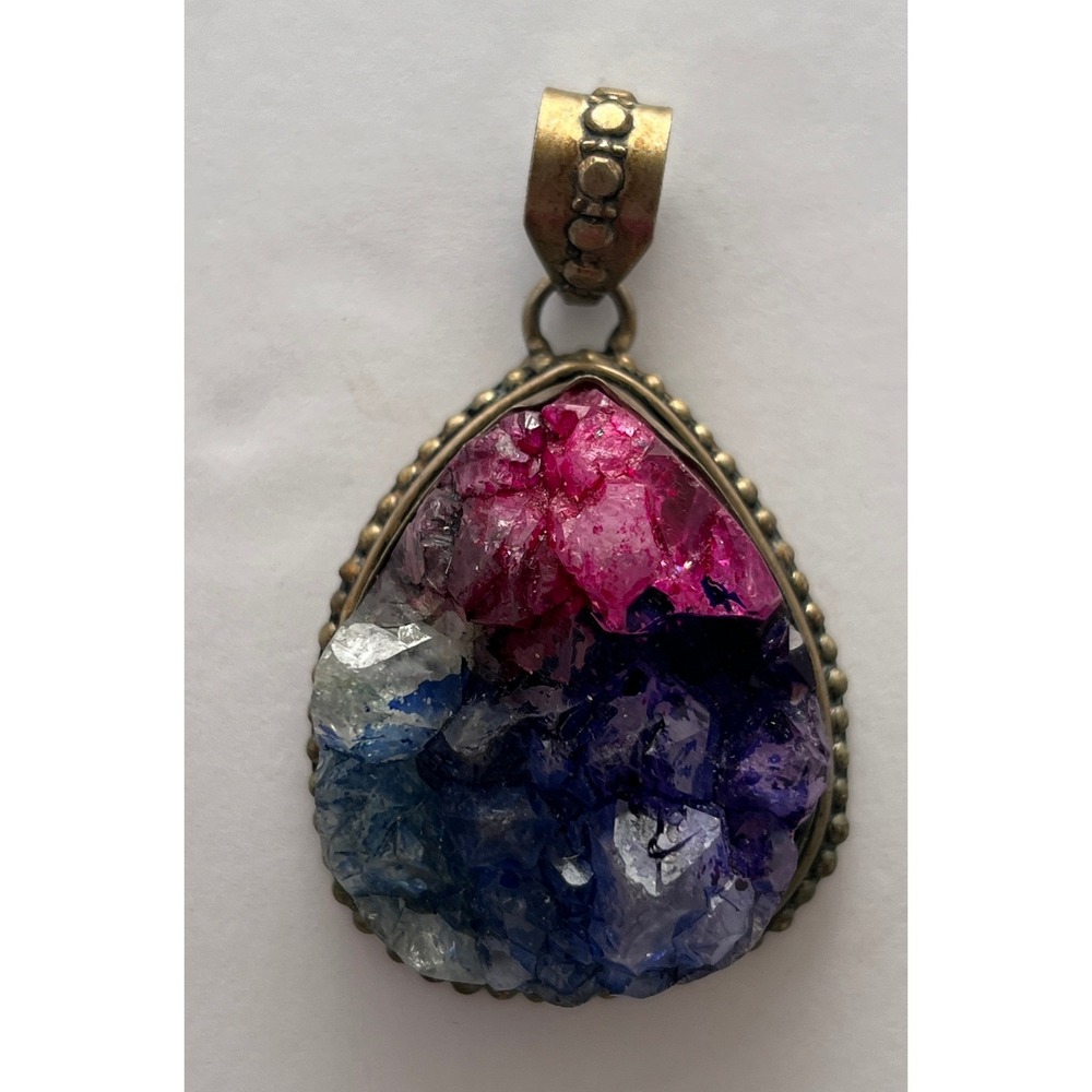 925 Sterling Silver Multi Color Raw Druzy Quartz Teardrop Pendant Boho Statement